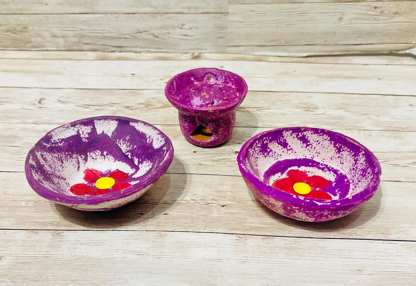 2 Platitos y 1 Anafre de Barro Mexicano Chico 2 Small Mexican Clay Platesand 1 Incense Burner Day of the Dead Dia de Muertos