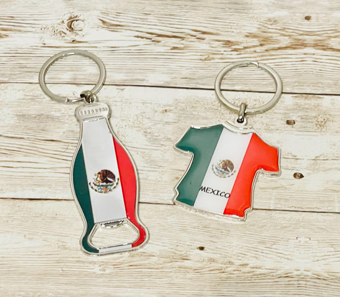 2 Mexican Keychains 1 Bottle Opener and 1 Mexican Shirt with Mexico Colors 2 Llaveros 1 Llavero Destapador y 1 Llavero de Camiseta Mexicana