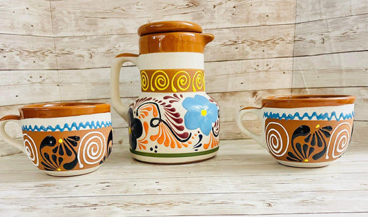 Terra Cotta Mexican Art Pottery CoffeeTea Set Drinkware With 2 Cereal Mugs Jarra Lechera Cafetera Artesanal Mexicana con 2 tazas Cerealeas