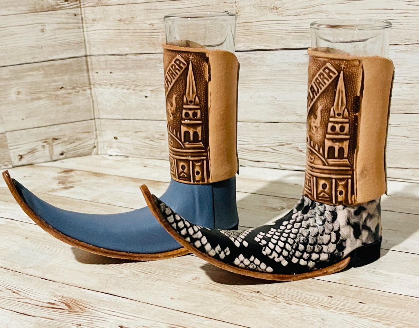 2x Mexican Leather Boot Shot Glasses 2x Vasos Tequileros de Bota con Piel