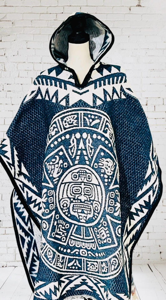 Mexican Aztec Calendar Double Sided Poncho Poncho Mexicano Doble Vista Calendario Azteca