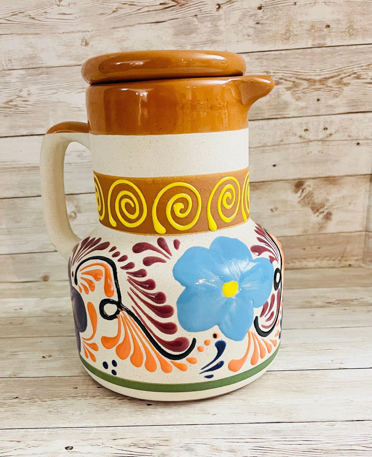 Terra Cotta Mexican Art Pottery CoffeeTea Set Drinkware With 2 Cereal Mugs Jarra Lechera Cafetera Artesanal Mexicana con 2 tazas Cerealeas