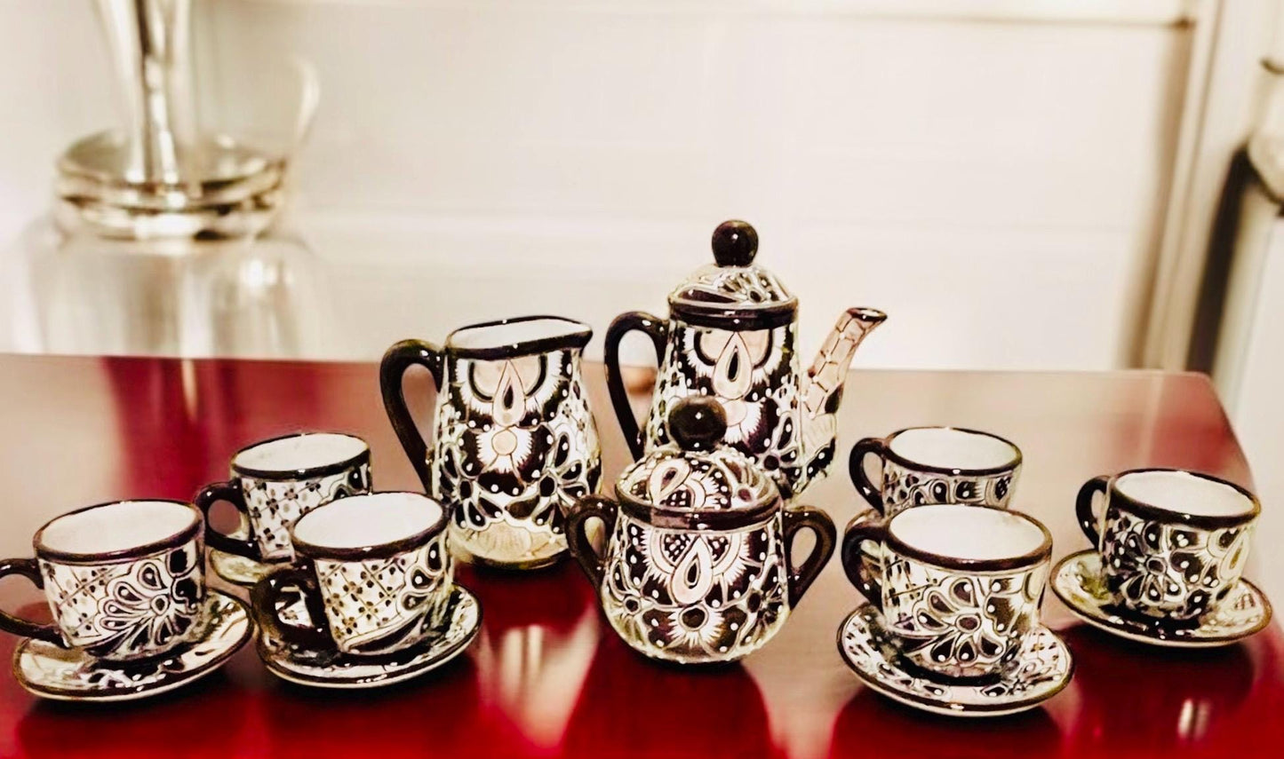 Mexican Talavera Tea Coffee Set Drinkware With 6 Mugs Sugar Bowl Talavera Mexicana de Cafe/Te con Tazas Platos Azucarera y Tetera