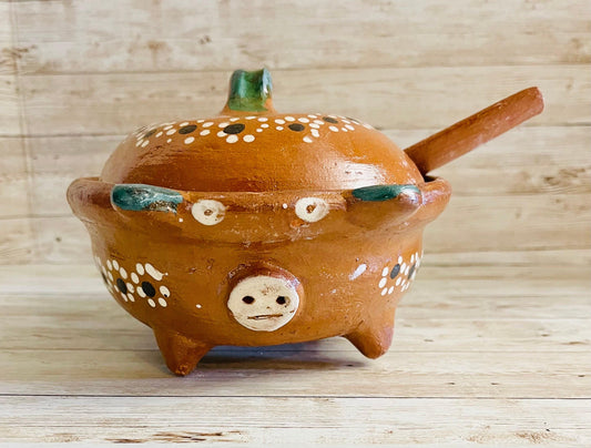 Terra Cotta Mexican Pottery Salsa Pig Bowl with Spoon and Lid Salsera de Barro Mexicana de Marranito con Cuchara y Tapa