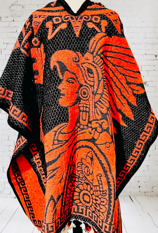 Poncho Azteca con Guerrero y Escudo Nacional Double Sided Aztec Calendar Poncho