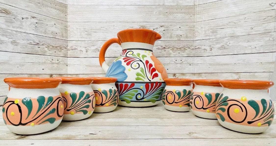 Terra Cotta Mexican Art Pottery Pitcher With 6 Cups Jarra Artesanal Mexicana