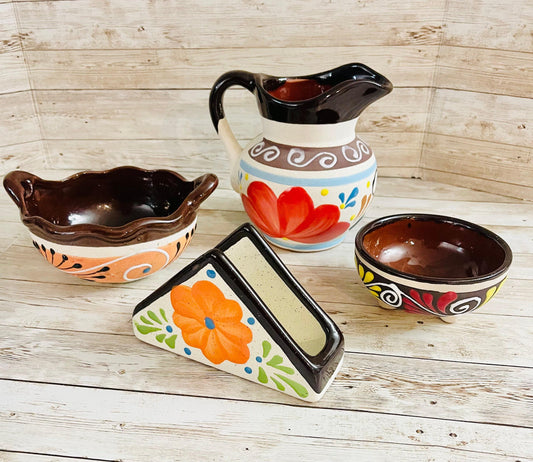 Terra Cota Napkin Holder, Salsa & Dish Bow, Molcajete Pitcher Set de Barro Lechera, Servilletero, Molcajete y 2 Platos