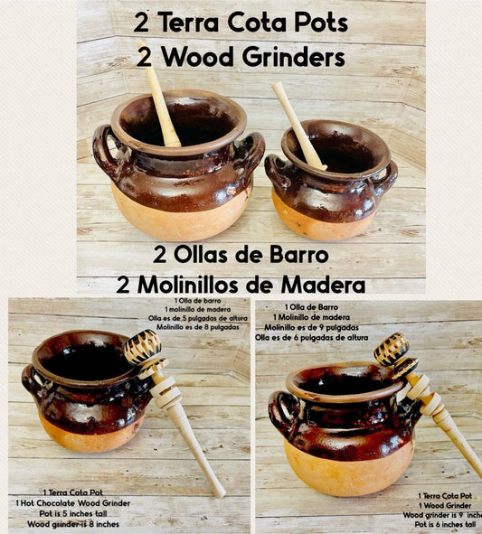 2x Ollas de Barro Vidriado Chocolatera con 2 Molinillos de Madera 2x Terra Cota Hot Chocolote Pots & 2 Wood Hot Chocolate Grinders 2 Sizes