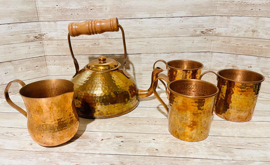 Mexican Copper Coffee Tea Pot with Pouring Cup and 2 Cups Cafetera/Tetera de Cobre Mexicano con Taza para Servir y 2 Vasos