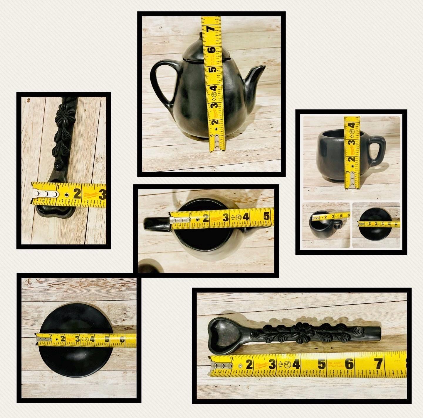 Black Oaxacan Mexican Clay Coffee Tea Pot with 2 Mugs, Plates & Sugar Spoon 1 Tetera de Barro Negro Con 2 Tazas Plato y Cuchara Azucarera