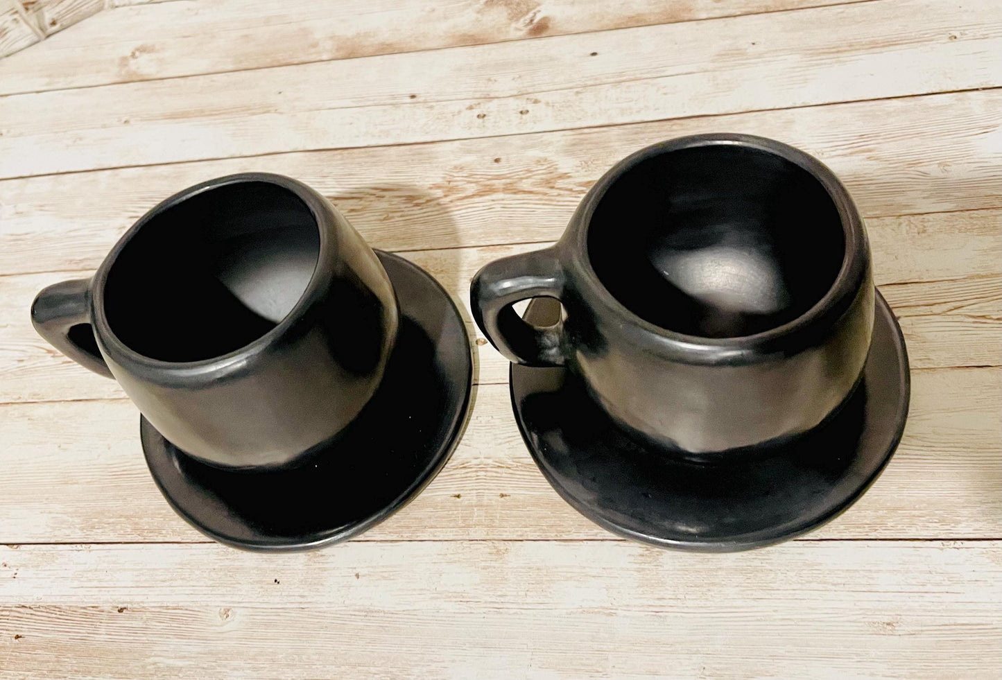 Black Oaxacan Mexican Clay Capuccino Expresso Coffee Tea Mugs with Plate Tazas de Barro Negro Artesanal Mexicano con Plato Hechas en Oaxaca