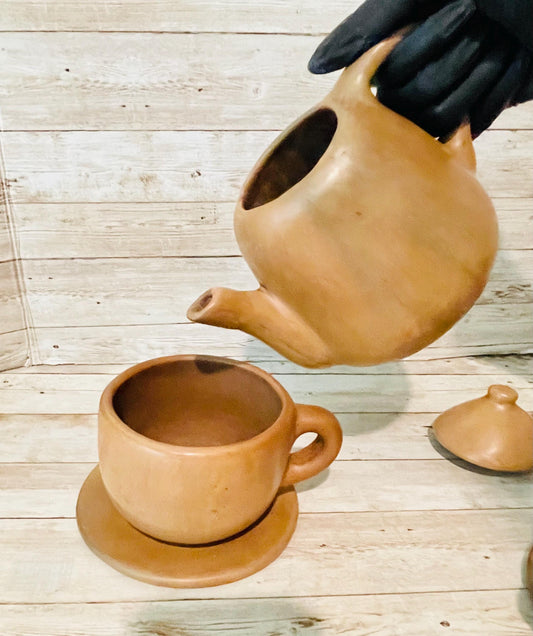 Brown Oaxacan Mexican Clay Coffee Tea Pot Set with 2 Cups & Plates Tetera Artesanal de Barro Cafe de Oaxaca Artesanal con 2 Tazas y 2 Platos