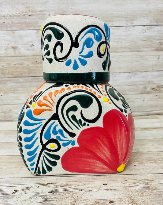 Terra Cotta Mexican Art Water Jug with Cup Garrafon de Barron Artesanal Mexicana con Vaso