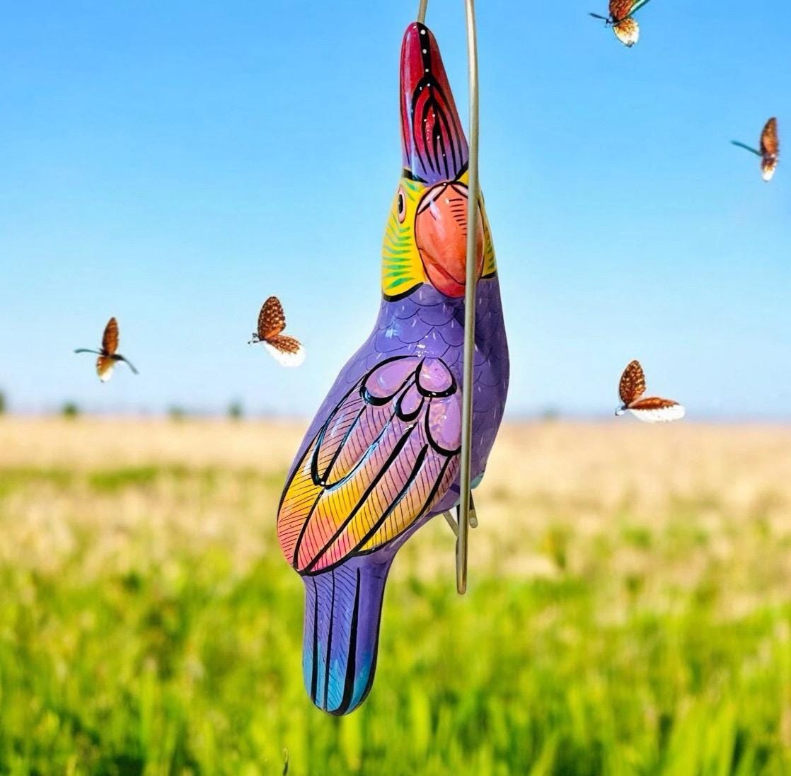 Hanging Exotic Bird in Ring Mexican Pottery Ceramic Pajaro De Cerámica