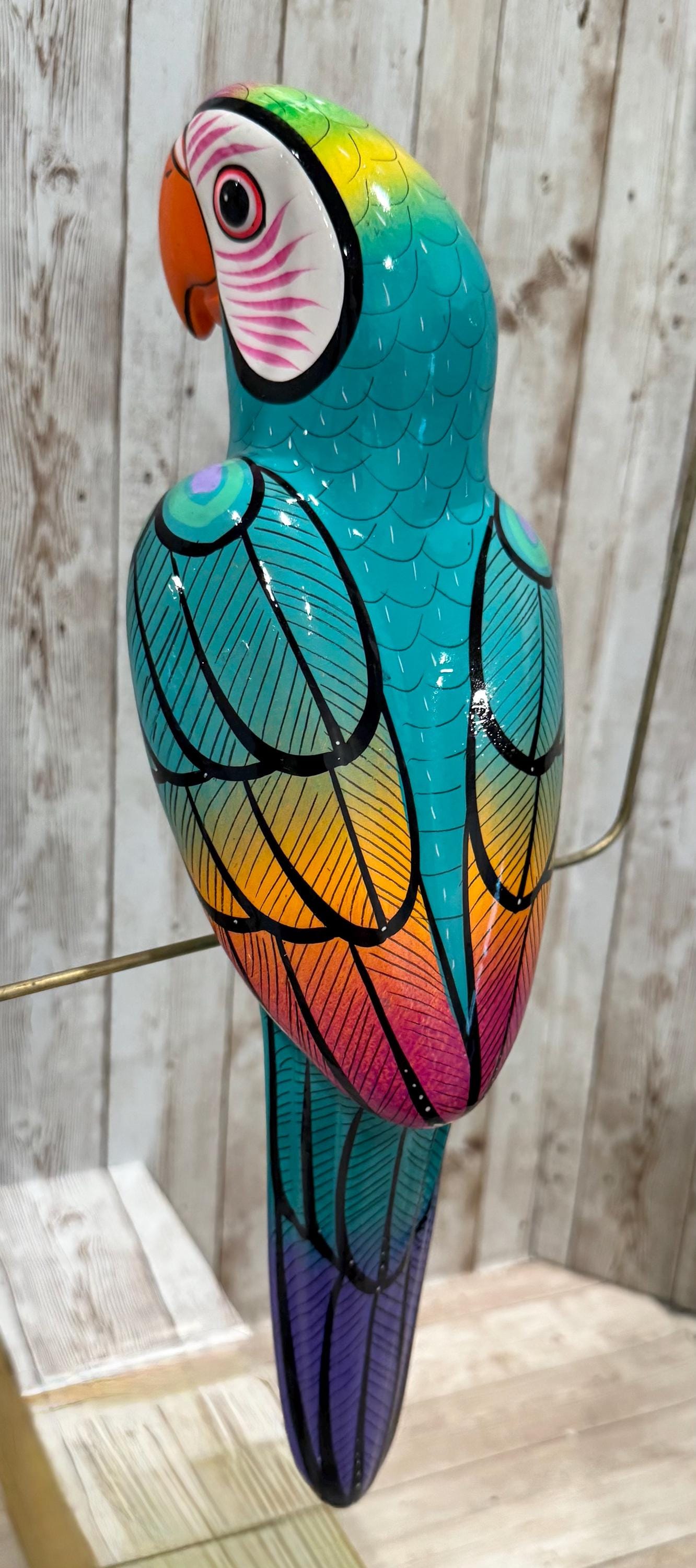 Mexican Exotic Ceramic Bird on a Perch Pajaro Mexicano de Ceramic en Aro
