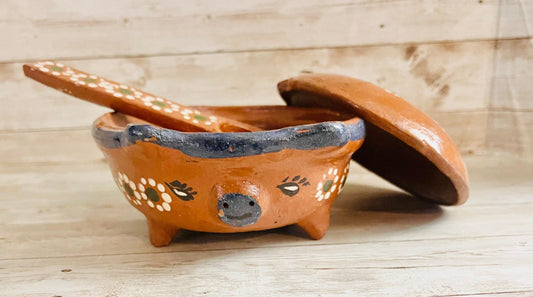 Terra Cotta Mexican Pottery Salsa Pig Bowl with Spoon Salsera de Barro Mexicana de Marranito con Cuchara