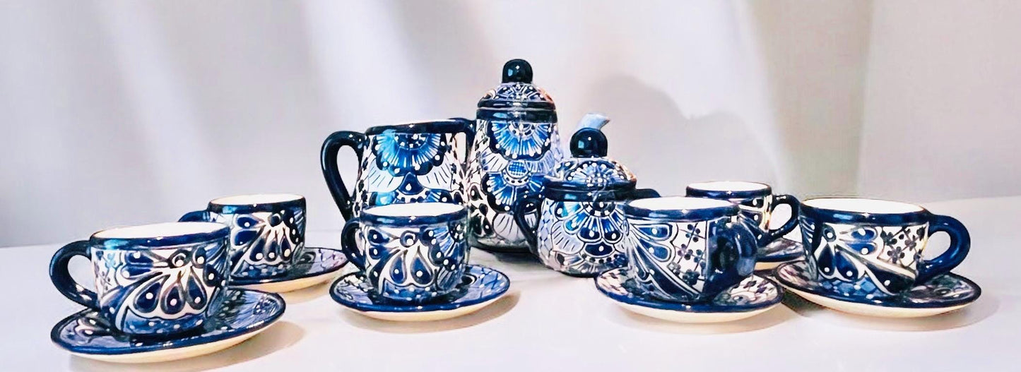 Mexican Talavera Tea Coffee Set Drinkware With 6 Mugs Sugar Bowl Talavera Mexicana de Cafe/Te con Tazas Platos Azucarera y Tetera