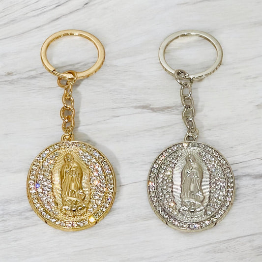 2x Virgin Mary Keychains 1 Gold Color and 1 Silver Color 2x Llaveros de La Virgen Maria 1 Color Oro y 1 Color Plata