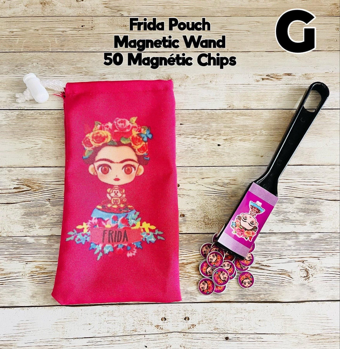 Frida Kahlo Container with Magnetic Wand and Magnetic Chips Fichero de Frida con Fichas y Pala Magnetica
