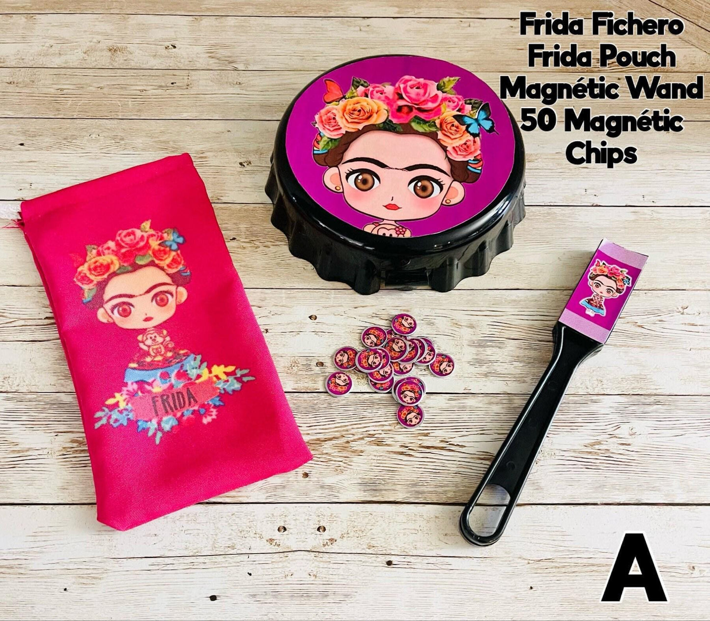 Frida Kahlo Container with Magnetic Wand and Magnetic Chips Fichero de Frida con Fichas y Pala Magnetica