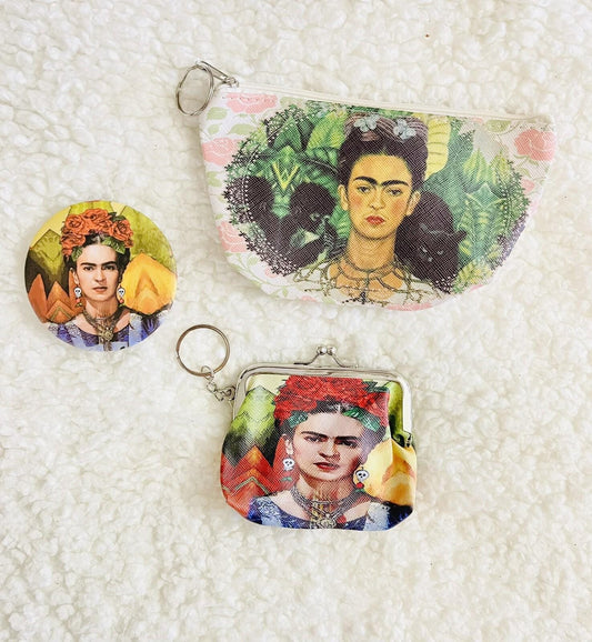 3 Piece Frida Kahlo Coin Bag, Zipper Bag & Mirror Set