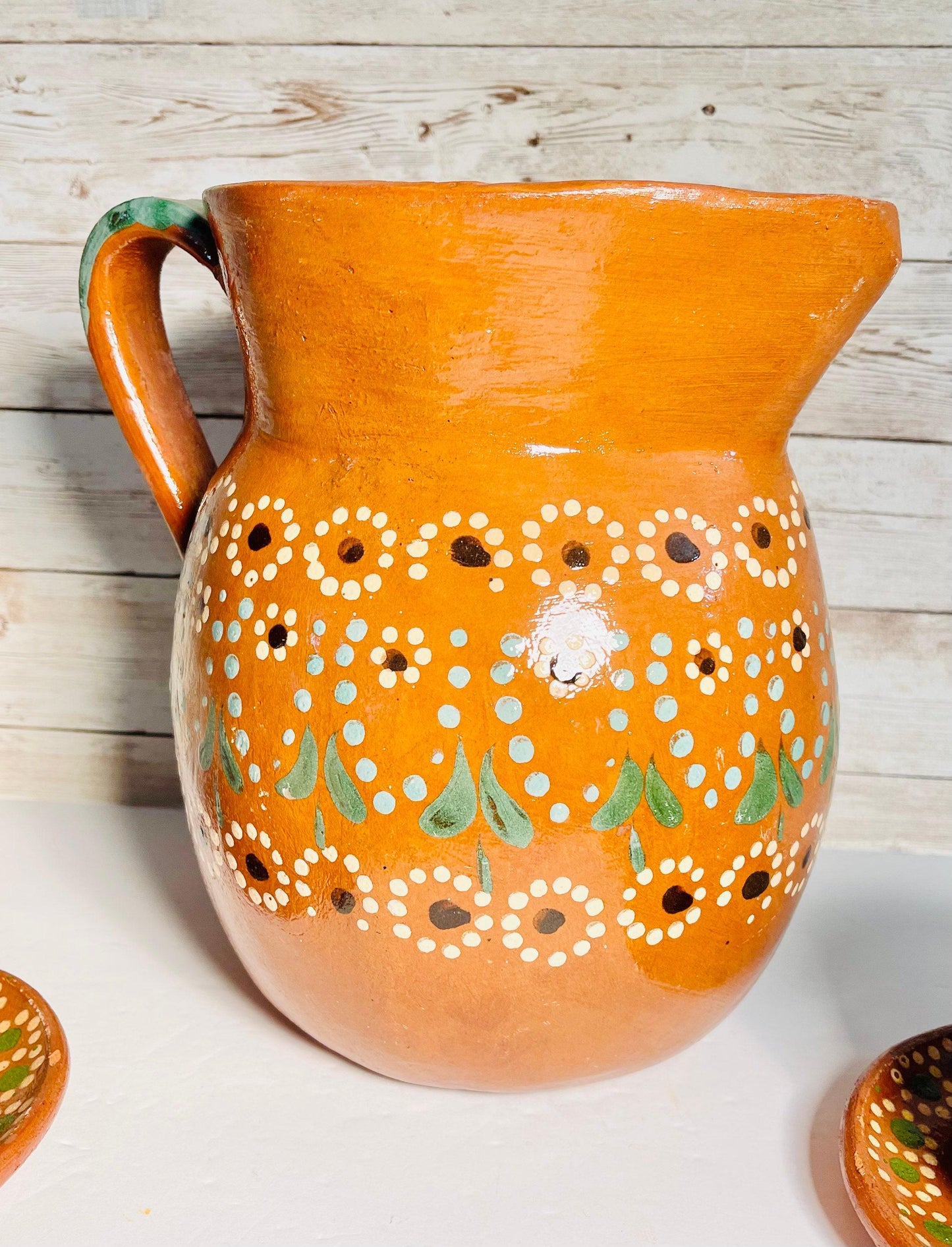 Terra Cotta Mexican Art Pottery Coffee or Tea Set Drinkware 4 Mugs 4 Plates Jarra Lechera de Barro Artesanal Mexicana con 4 tazas 4 platos