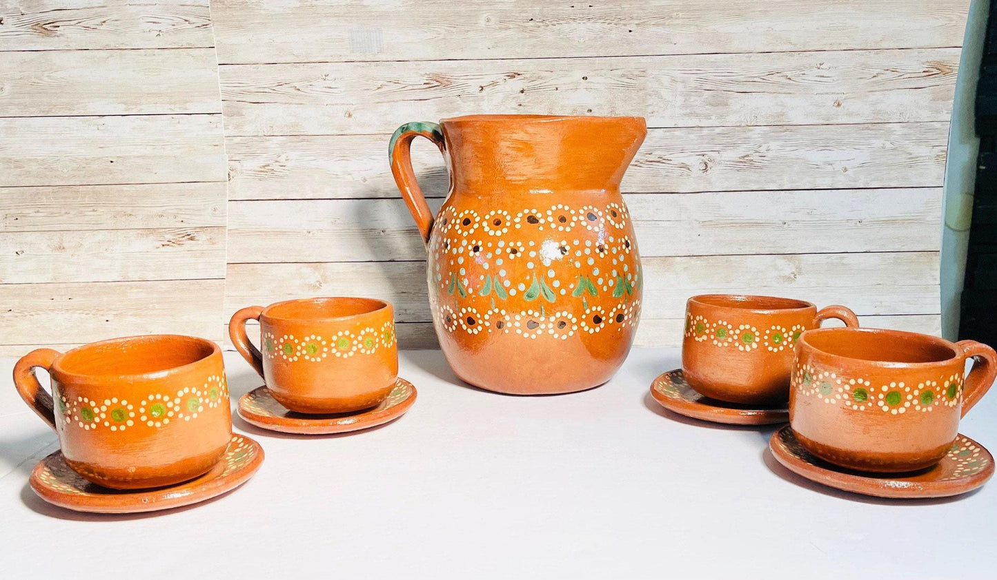 Terra Cotta Mexican Art Pottery Coffee or Tea Set Drinkware 4 Mugs 4 Plates Jarra Lechera de Barro Artesanal Mexicana con 4 tazas 4 platos