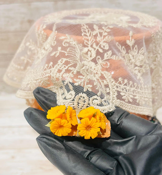 Mantelito de Encaje con Decoracіones Cobertor Para Ollas Lace Cloth Placemat Pot Cover with Mini Mexican Accents