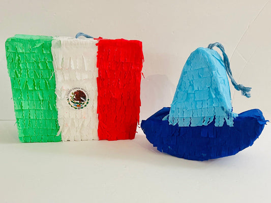 2 Mexican Piñatas 1 Flag and 1 Sombrero 2 Piñatas Mexicanas 1 Bandera Mexicana y 1 Sombrero