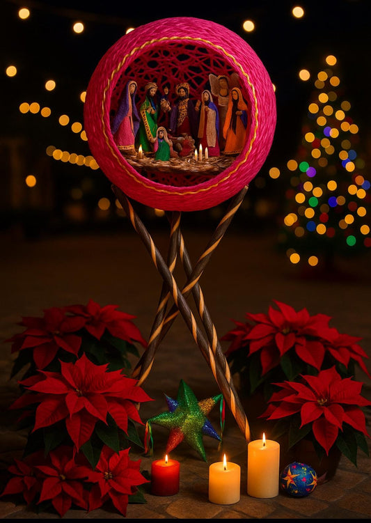 Handmade Mexican Nativity Corn Husk Set in an Ornament Nacimiento Navideño Mexicano de Hoja de Maiz en Esfera