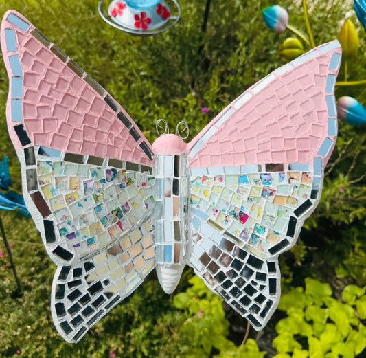 Handmade Mosaic Butterfly Pink Wallart Decoration Mariposa de Mosaico Mexicana Decoración para Hogar y Jardin