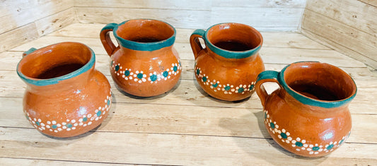 Set of 4 Mexican Terra Cota Pottery Coffee Cups 4 Tazas de Barro Mexicano