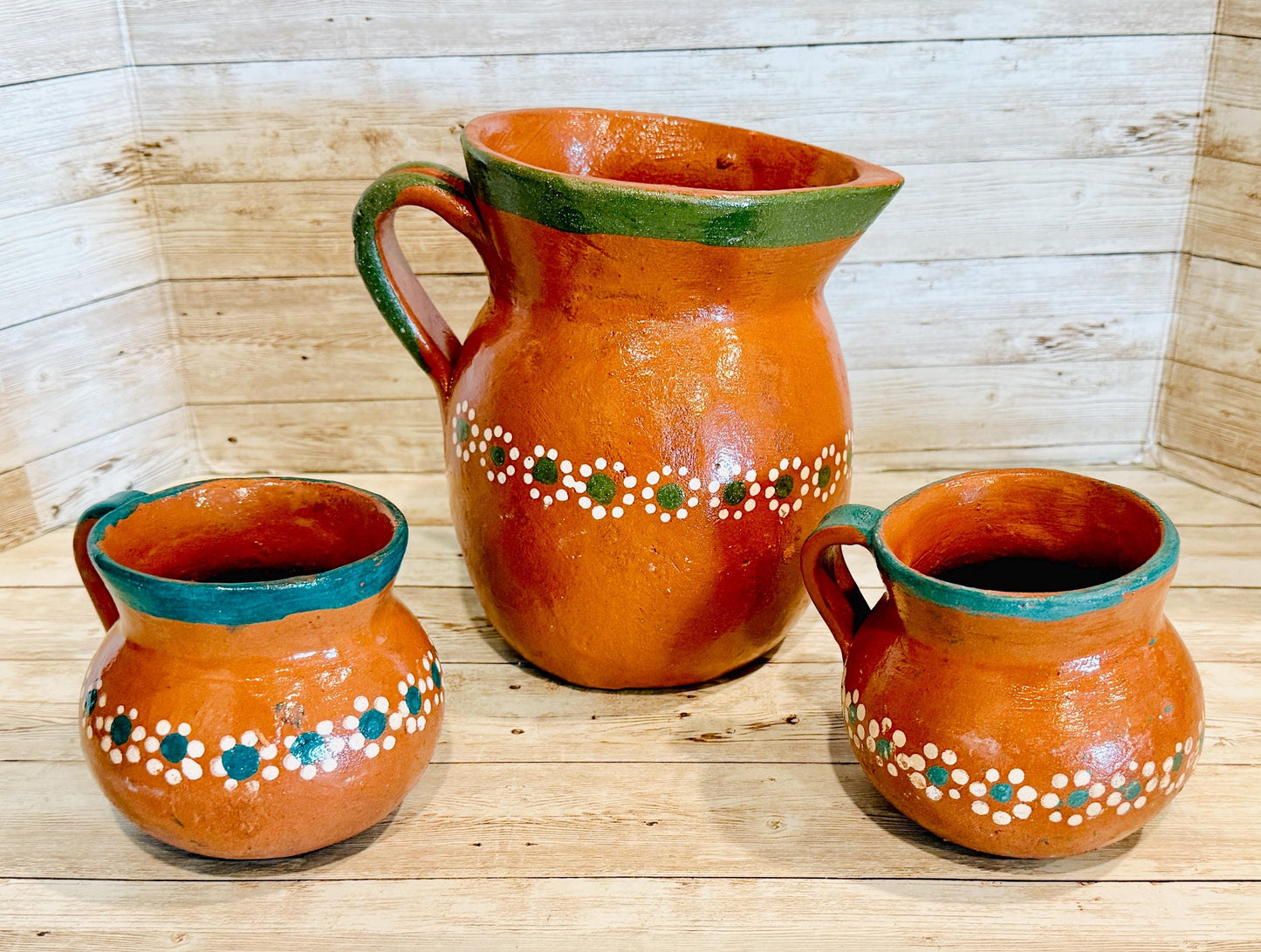 Mexican Terra Cota Pottery Set Coffee/Tea Pitcher with 2 Cups Set de Barro Artesanal Mexicano Jarro con 2 Tazas