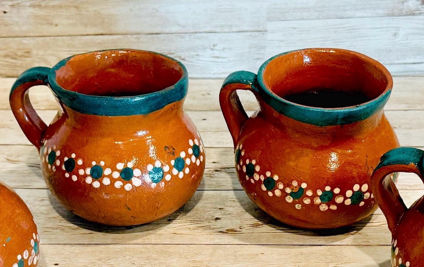 Mexican Terra Cota Pottery Set Coffee/Tea Pitcher with 2 Cups Set de Barro Artesanal Mexicano Jarro con 2 Tazas