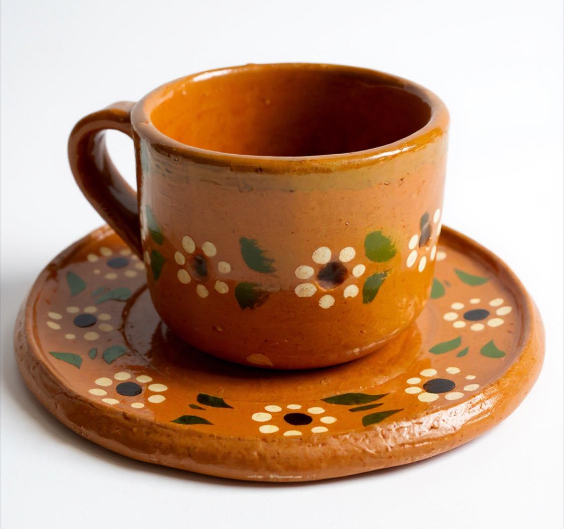 Mexican Terra Cota Pottery Set Coffee/Teapot with 2 Cups & 2 PlatesSet de Barro Mexicano Cafetera Tetera Artesanal con 2 Tazas y 2 Platos