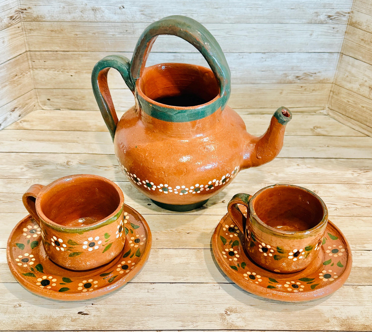 Mexican Terra Cota Pottery Set Coffee/Teapot with 2 Cups & 2 PlatesSet de Barro Mexicano Cafetera Tetera Artesanal con 2 Tazas y 2 Platos