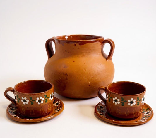 Mexican 3 Liter Terra Cota Pot With 2 Cups and 2 Plates Olla de Barro Mexicana de 3 Litros con 2 Tazas y 2 Platos de Barro