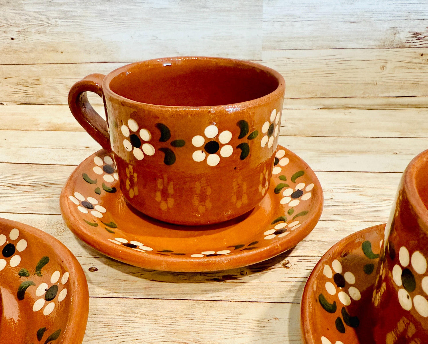 Mexican 3 Liter Terra Cota Pot With 2 Cups and 2 Plates Olla de Barro Mexicana de 3 Litros con 2 Tazas y 2 Platos de Barro