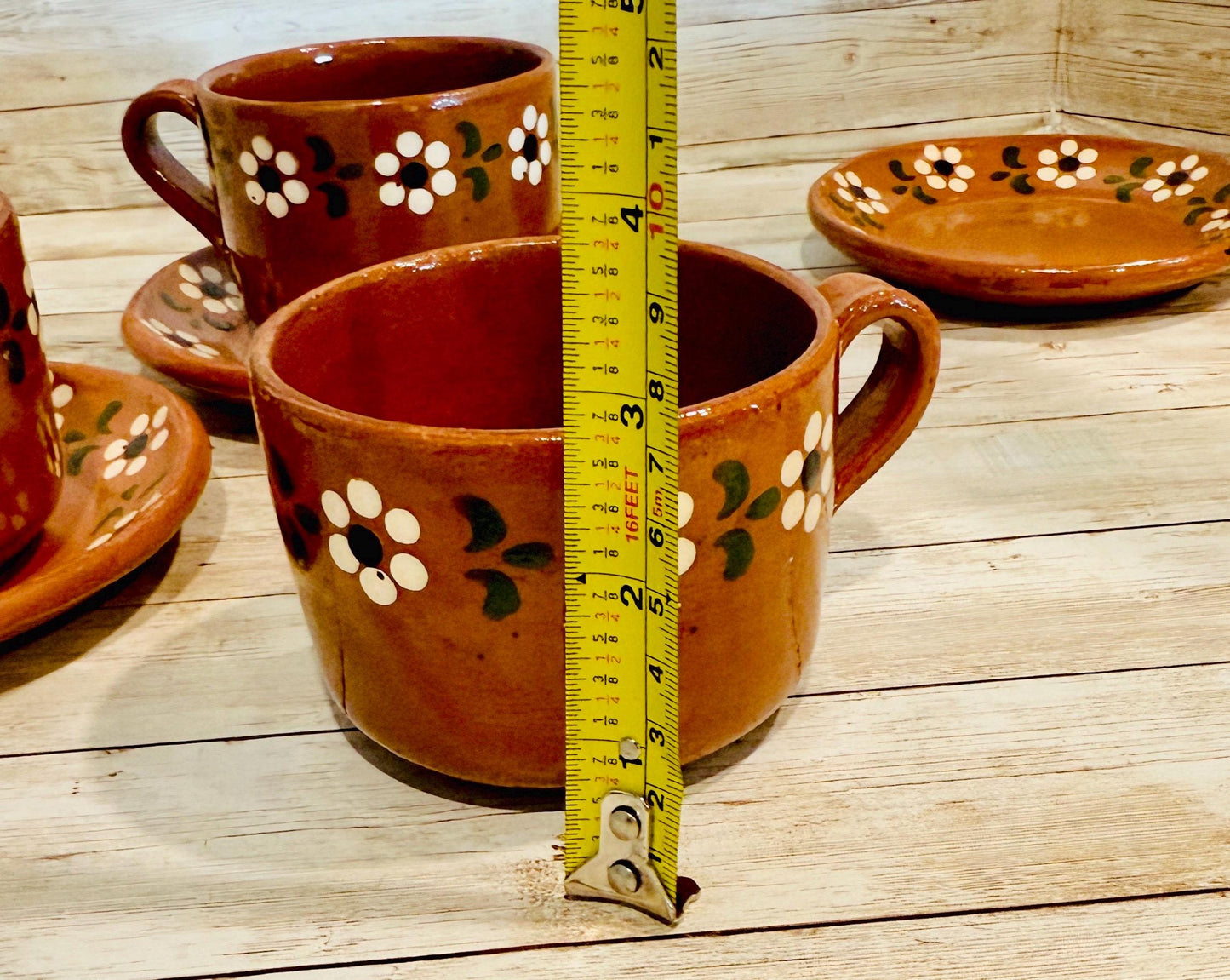 Mexican 3 Liter Terra Cota Pot With 2 Cups and 2 Plates Olla de Barro Mexicana de 3 Litros con 2 Tazas y 2 Platos de Barro