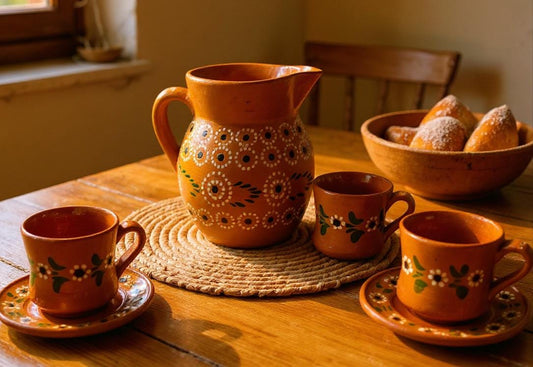 Terra Cotta Mexican Art Pottery Coffee Tea Pitcher Set With 4 Mugs 4 Plates Jarra D Barro Cafetera Artesanal Mexicana con 4 tazas y 4 Platos