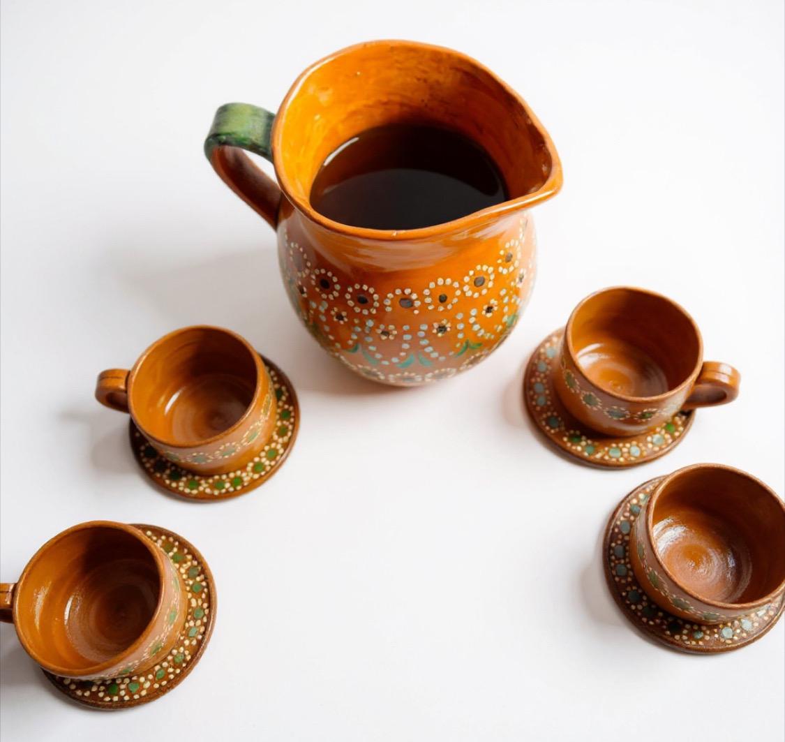 Terra Cotta Mexican Art Pottery Coffee or Tea Set Drinkware 4 Mugs 4 Plates Jarra Lechera de Barro Artesanal Mexicana con 4 tazas 4 platos