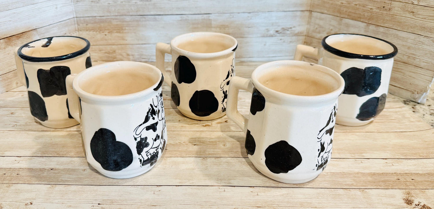Set of 5 Mexican Cow Print Ceramic Coffee Mugs Rustic Farmhouse Decor 5 Tazas Mexicanas con DiseГ±o de Vaca