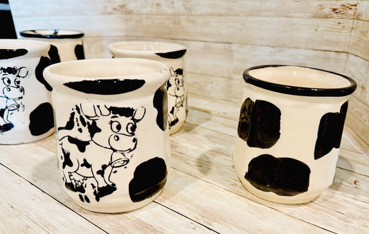 Set of 5 Mexican Cow Print Ceramic Coffee Mugs Rustic Farmhouse Decor 5 Tazas Mexicanas con Diseño de Vaca