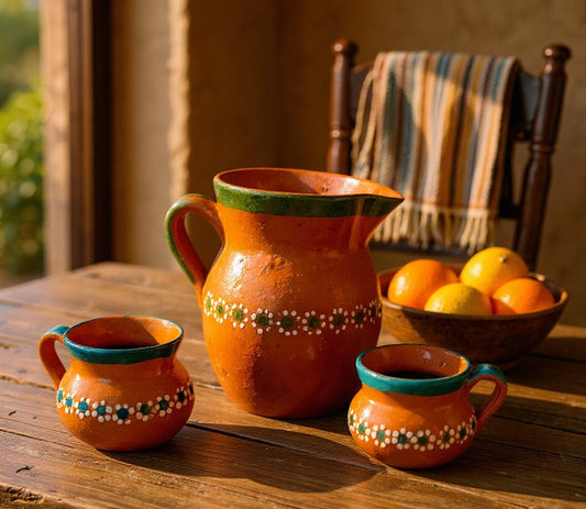 Mexican Terra Cota Pottery Set Coffee/Tea Pitcher with 2 Cups Set de Barro Artesanal Mexicano Jarro con 2 Tazas