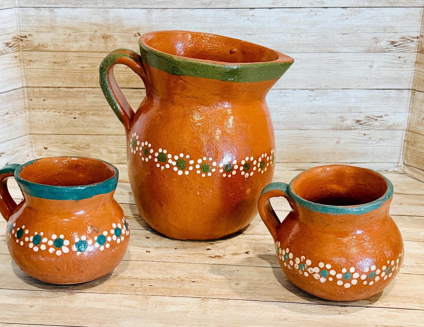 Mexican Terra Cota Pottery Set Coffee/Tea Pitcher with 2 Cups Set de Barro Artesanal Mexicano Jarro con 2 Tazas