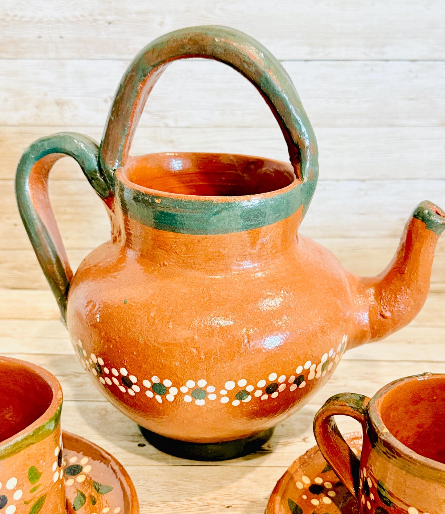 Mexican Terra Cota Pottery Set Coffee/Teapot with 2 Cups & 2 PlatesSet de Barro Mexicano Cafetera Tetera Artesanal con 2 Tazas y 2 Platos