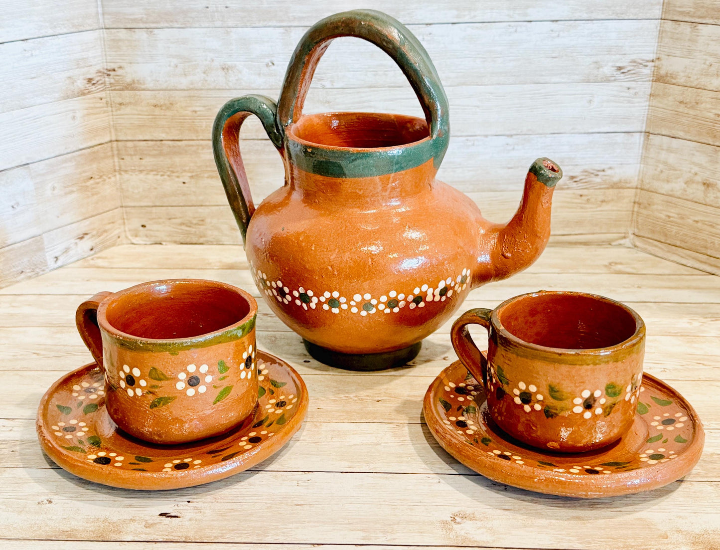Mexican Terra Cota Pottery Set Coffee/Teapot with 2 Cups & 2 PlatesSet de Barro Mexicano Cafetera Tetera Artesanal con 2 Tazas y 2 Platos