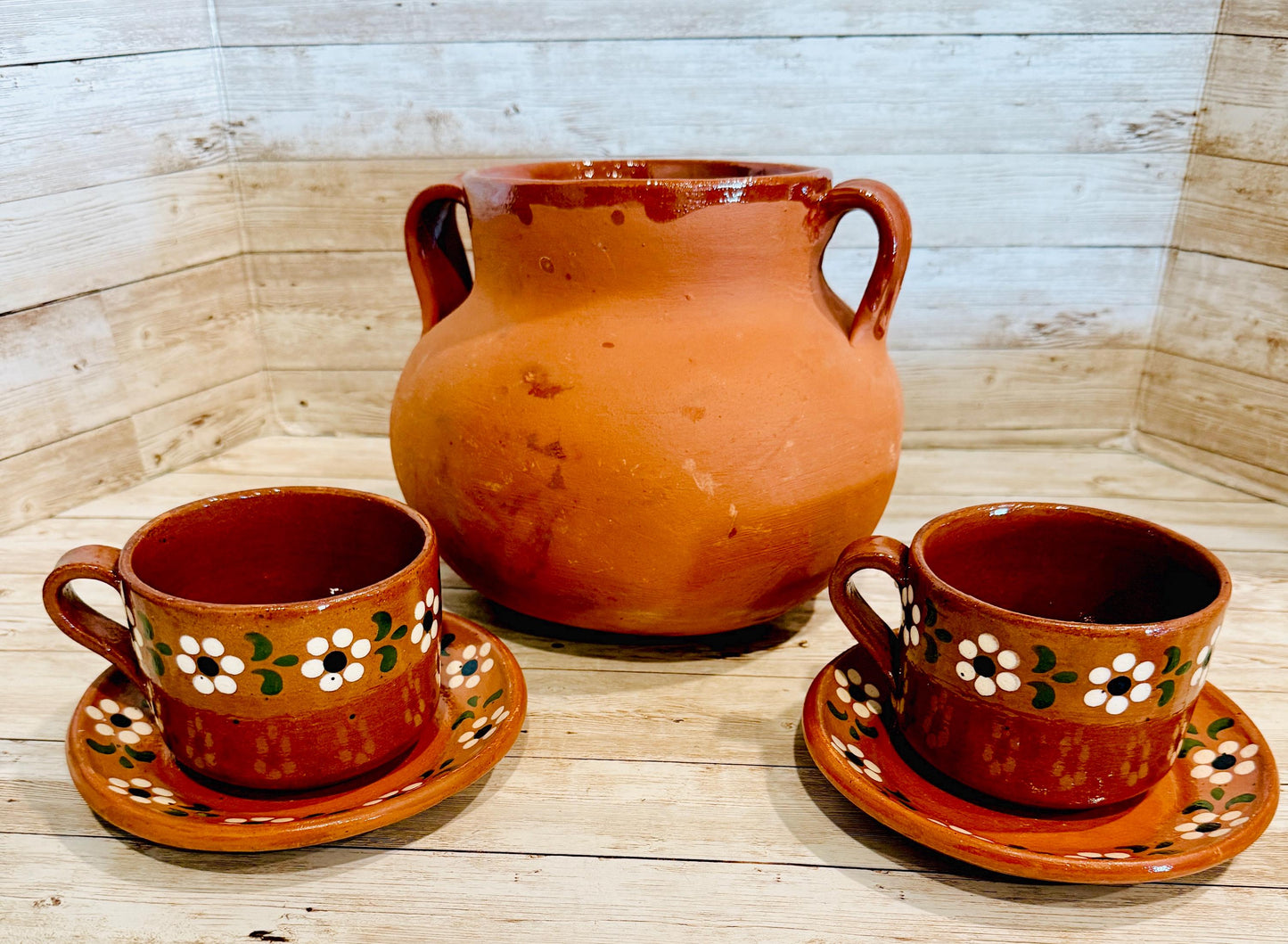 Mexican 3 Liter Terra Cota Pot With 2 Cups and 2 Plates Olla de Barro Mexicana de 3 Litros con 2 Tazas y 2 Platos de Barro