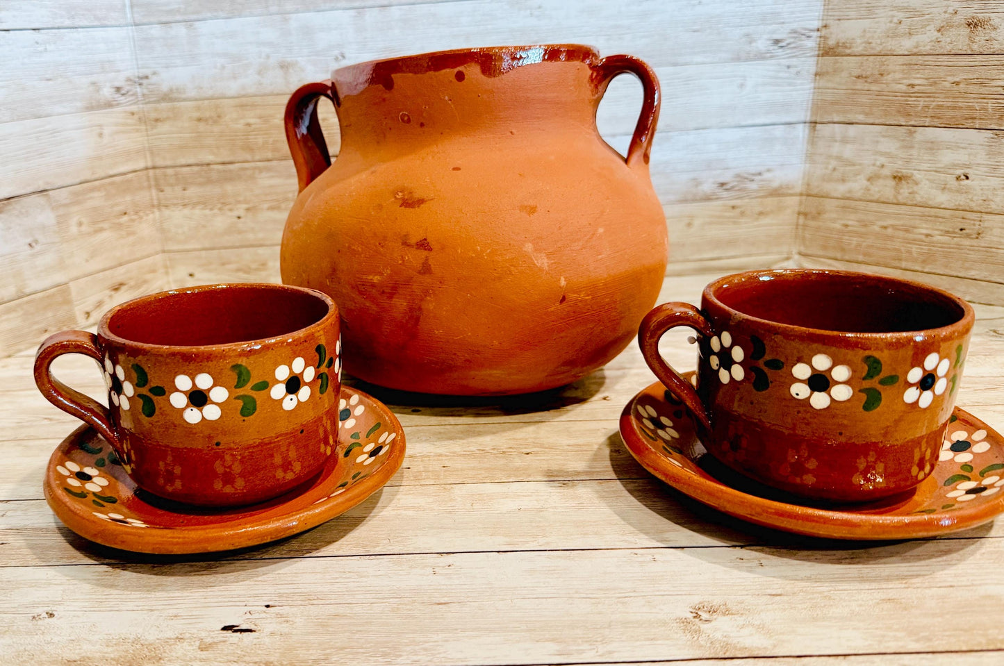 Mexican 3 Liter Terra Cota Pot With 2 Cups and 2 Plates Olla de Barro Mexicana de 3 Litros con 2 Tazas y 2 Platos de Barro