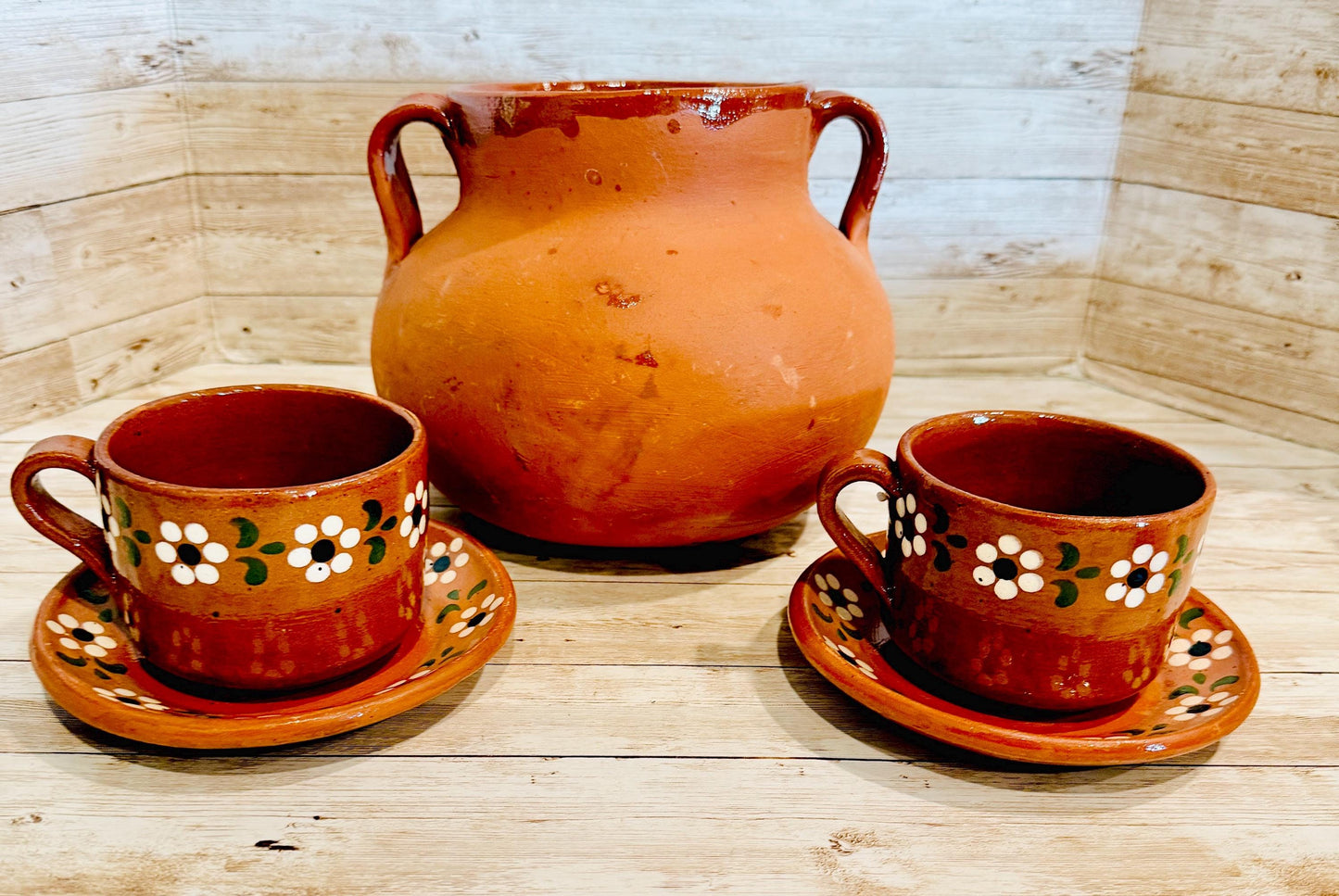 Mexican 3 Liter Terra Cota Pot With 2 Cups and 2 Plates Olla de Barro Mexicana de 3 Litros con 2 Tazas y 2 Platos de Barro